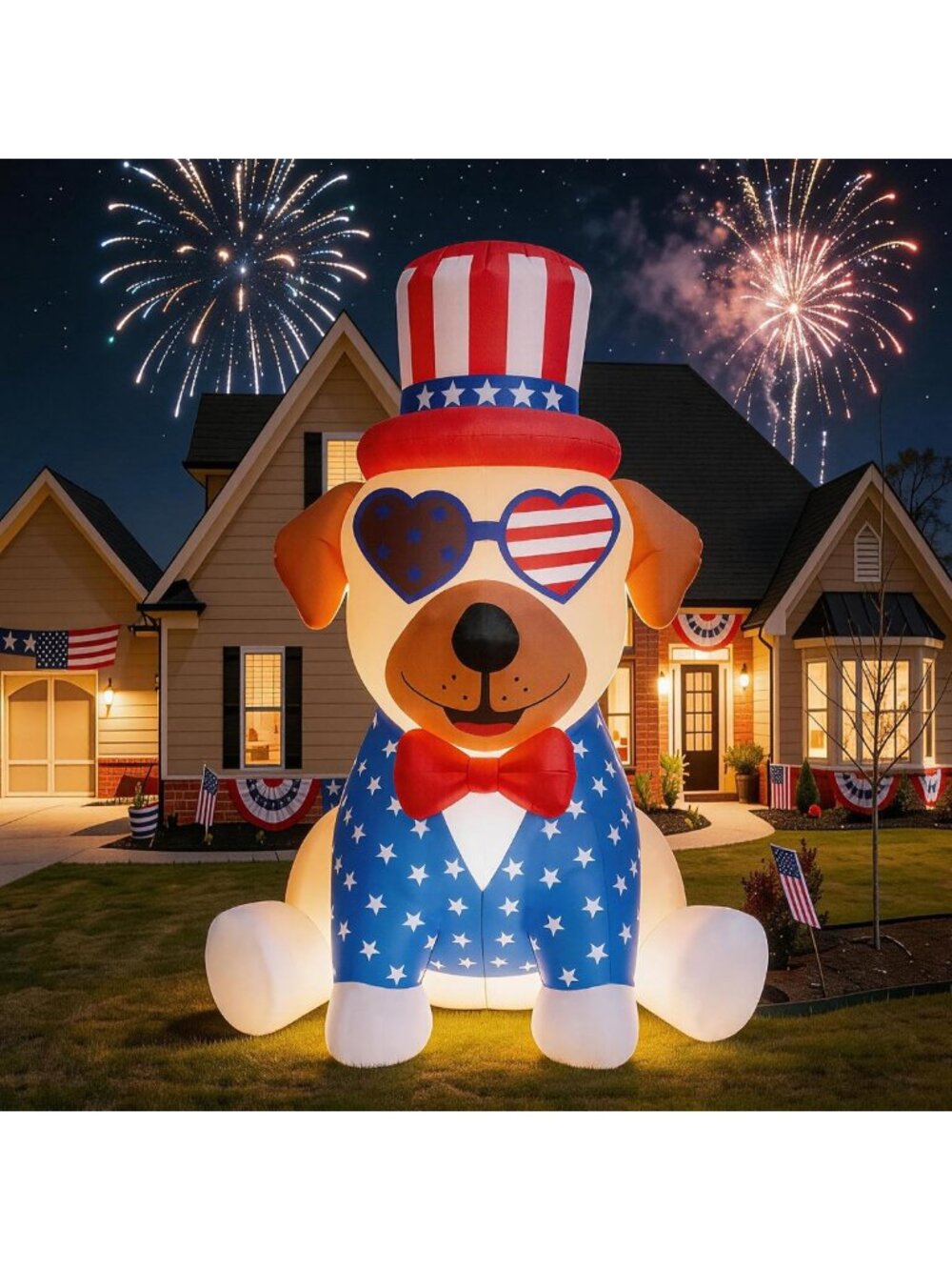 4FT Inflatable Patriotic Decoration - Pug in Uncle Sam Hat, LED Lights for 4th